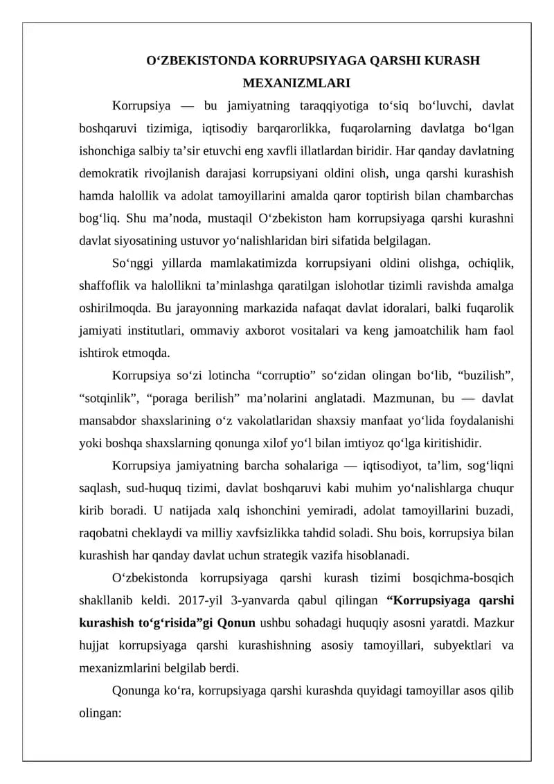 Oʻzbekistonda Korrupsiyaga Qarshi Kurash Mexanizmlari