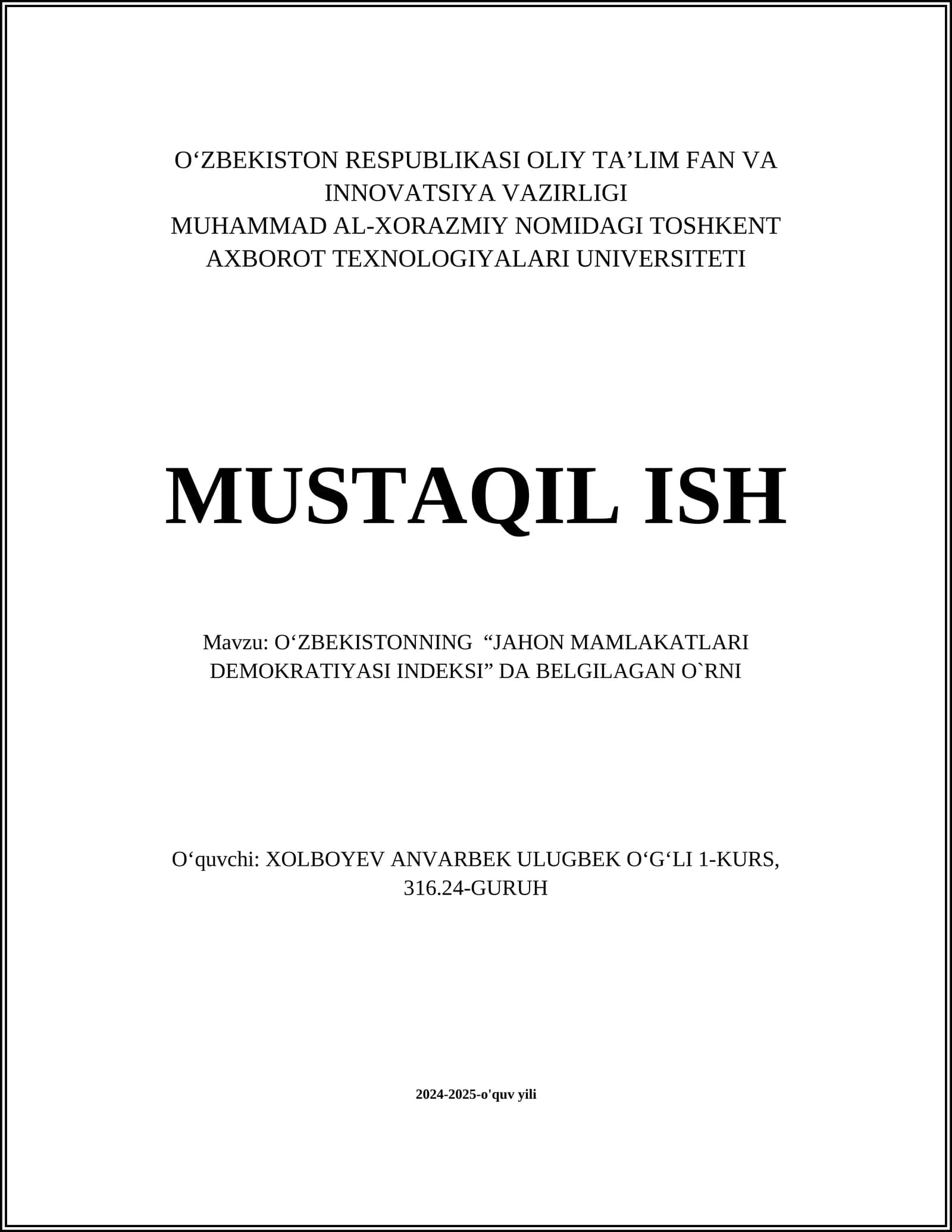 O‘ZBEKISTONNING “JAHON MAMLAKATLARI DEMOKRATIYASI INDEKSI” DA BELGILAGAN O`RNI