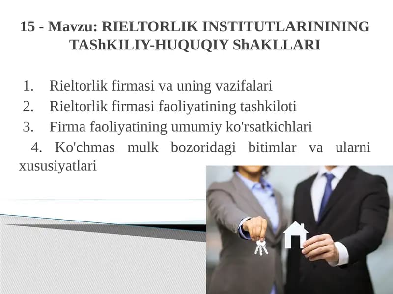 RIELTORLIK INSTITUTLARININING TAShKILIY-HUQUQIYShAKLLARI