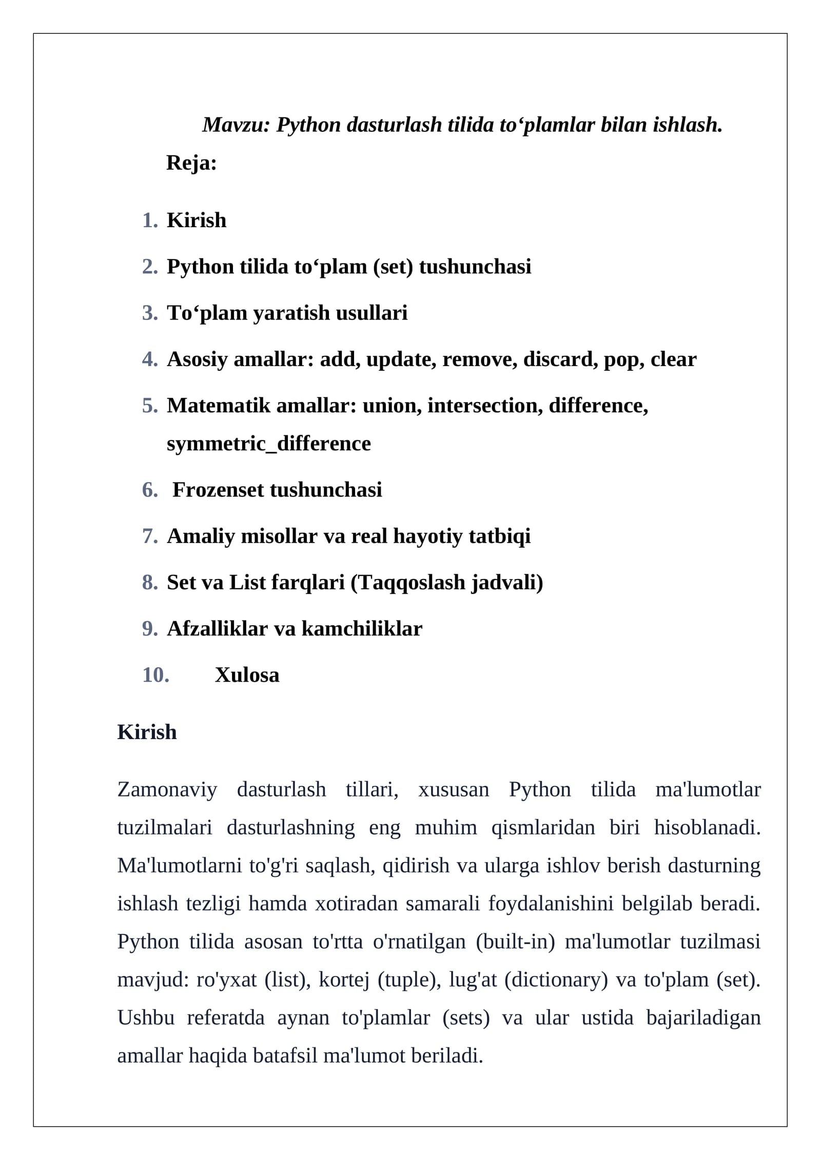 Python dasturlash tilida to‘plamlar bilan ishlash