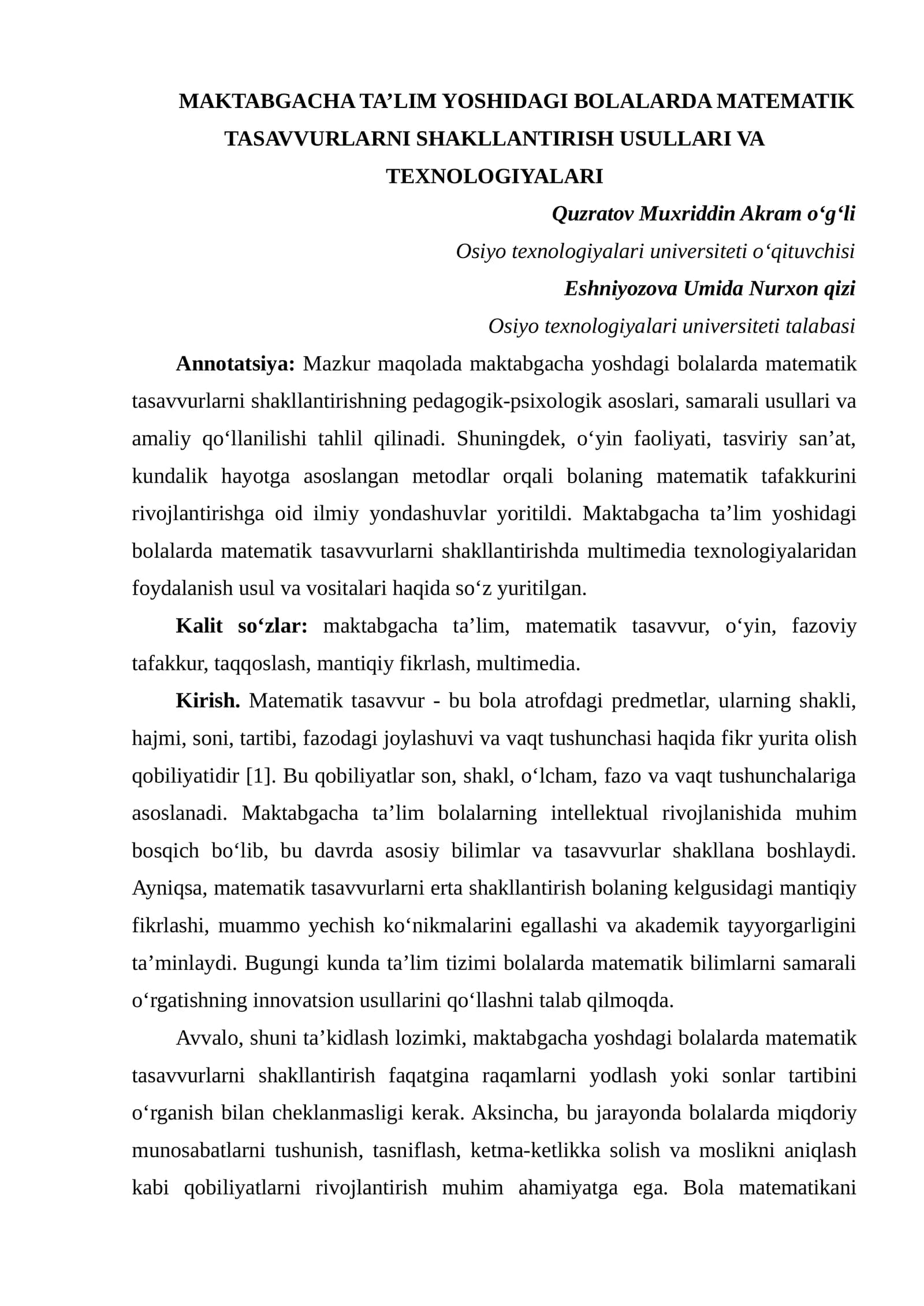 MAKTABGACHA TA’LIM YOSHIDAGI BOLALARDA MATEMATIK TASAVVURLARNI SHAKLLANTIRISH USULLARI VA TEXNOLOGIYALARI