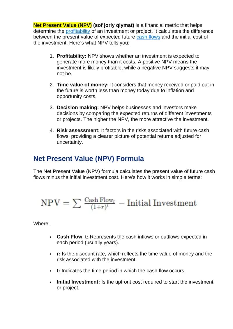 Net Present Value (NPV) (sof joriy qiymat)
