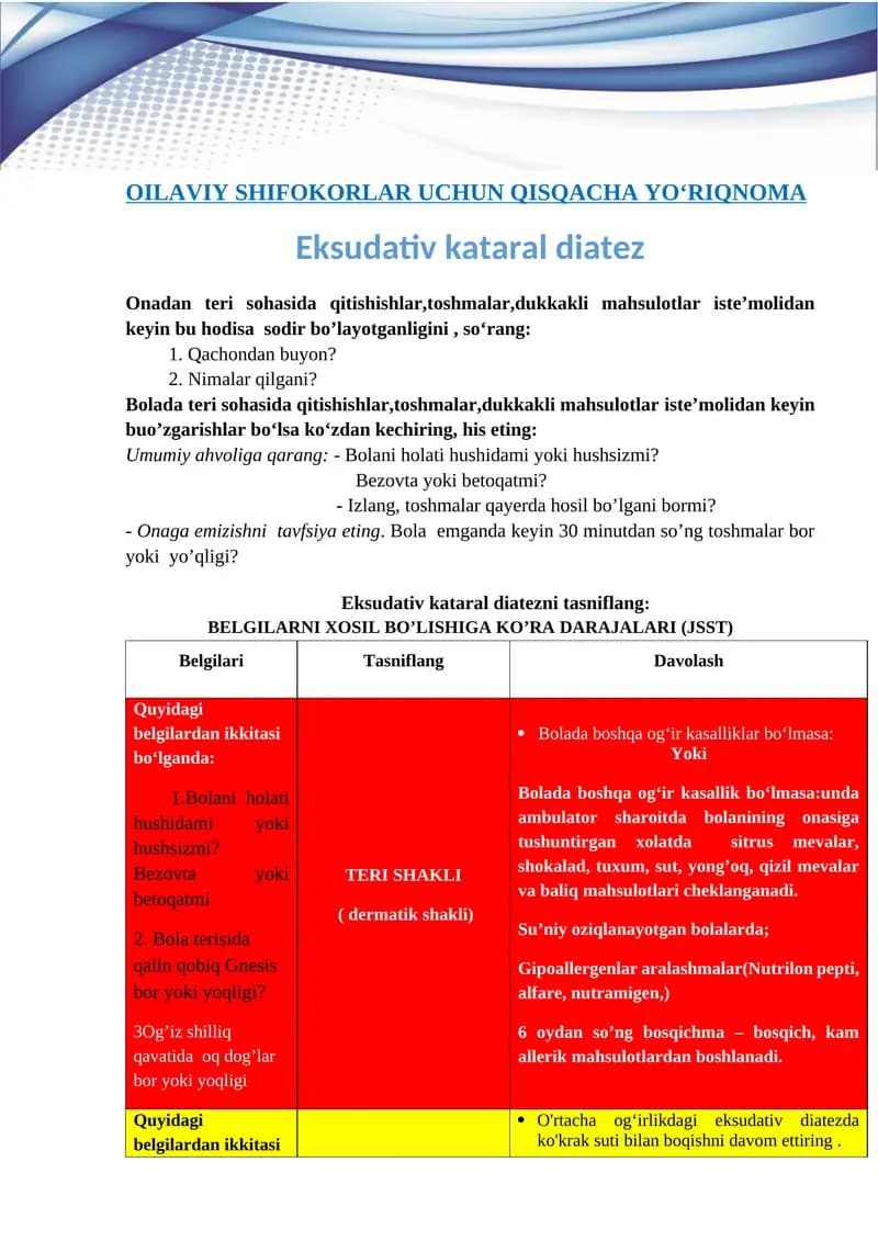 OILAVIY SHIFOKORLAR UCHUN QISQACHA YO‘RIQNOMA