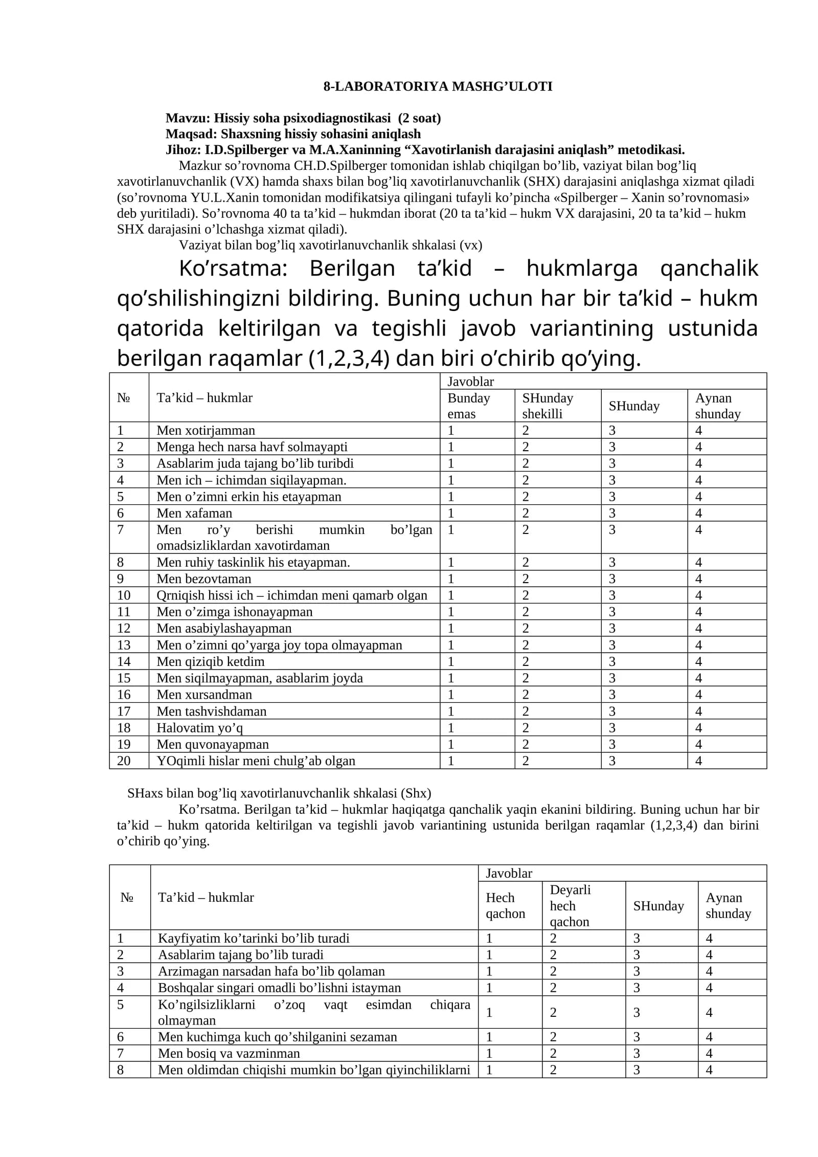 Hissiy soha psixodiagnostikasi (2 soat)