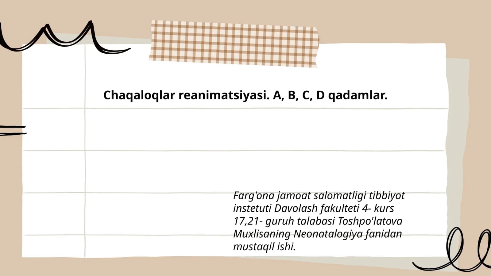 Chaqaloqlar reanimatsiyasi. A, B, C, D qadamlar