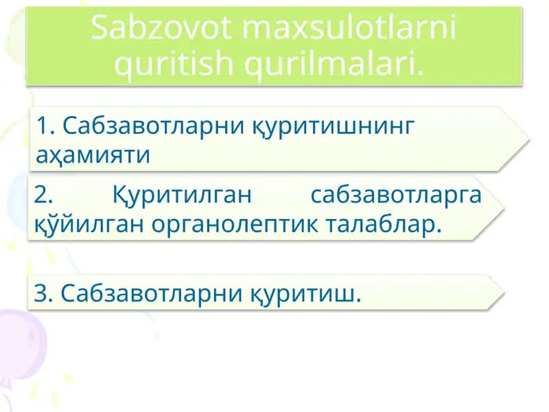 Sabzovot maxsulotlarni quritish qurilmalari
