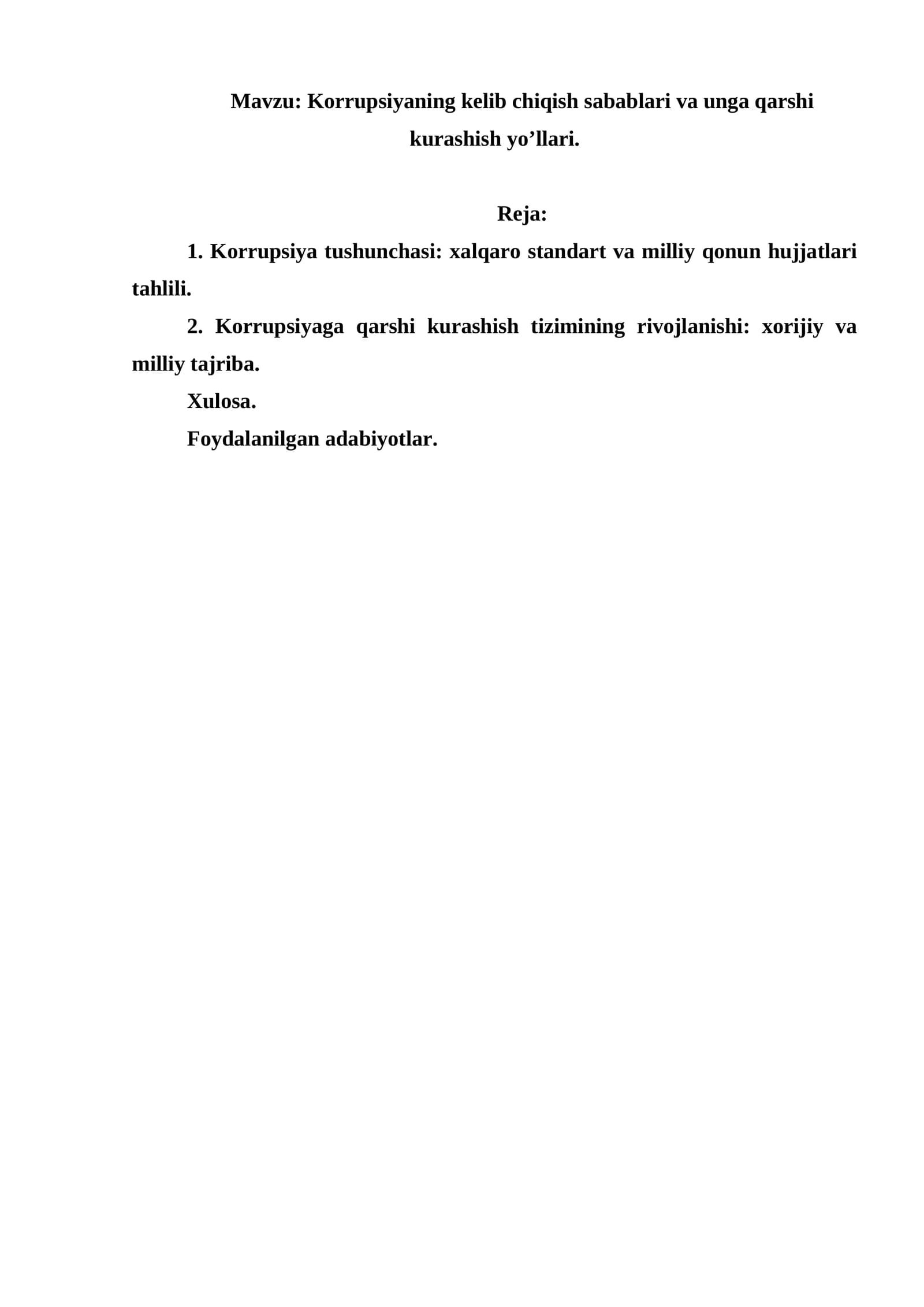 Korrupsiyaning kelib chiqish sabablari va unga qarshi kurashish yo’llari.