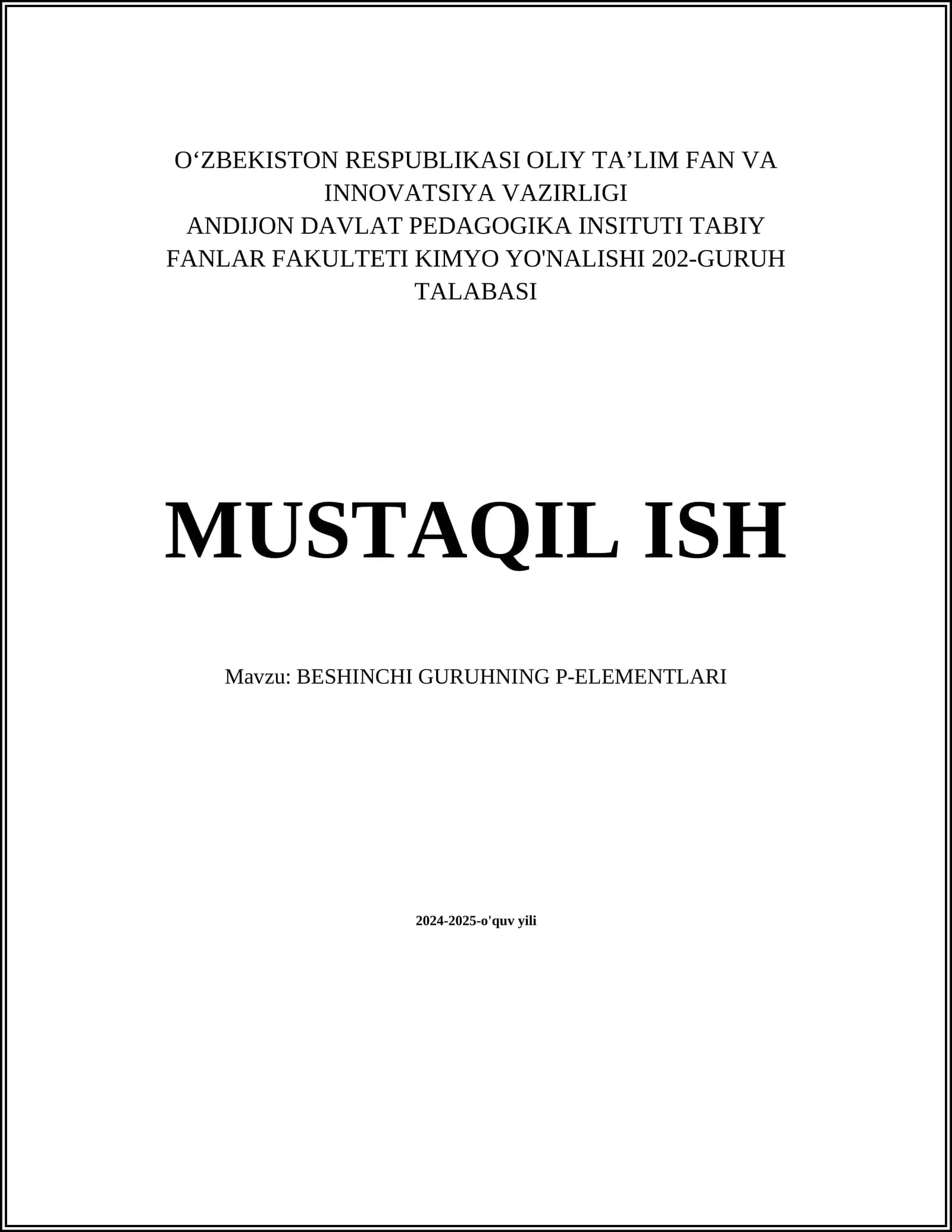 BESHINCHI GURUHNING P-ELEMENTLARI