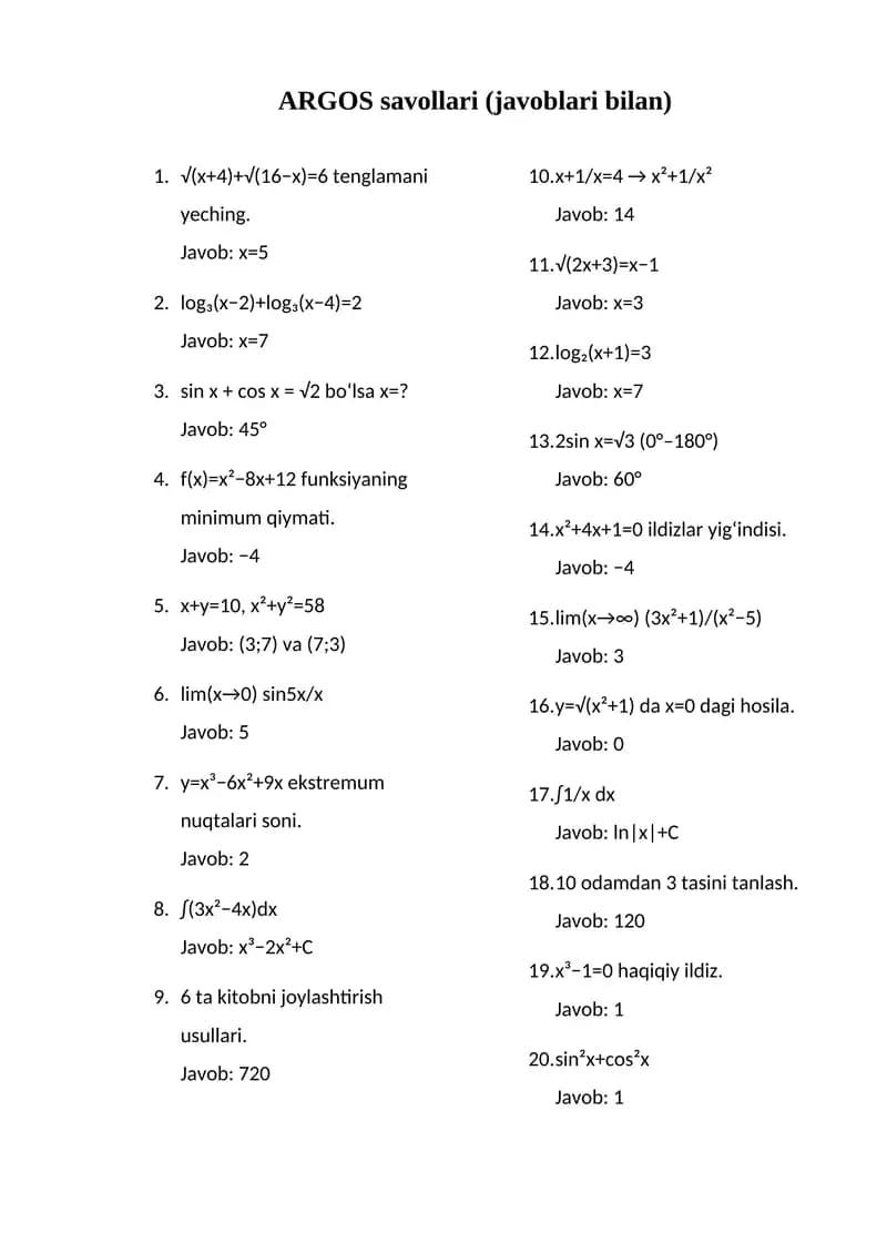 ARGOS savollari (javoblari bilan)