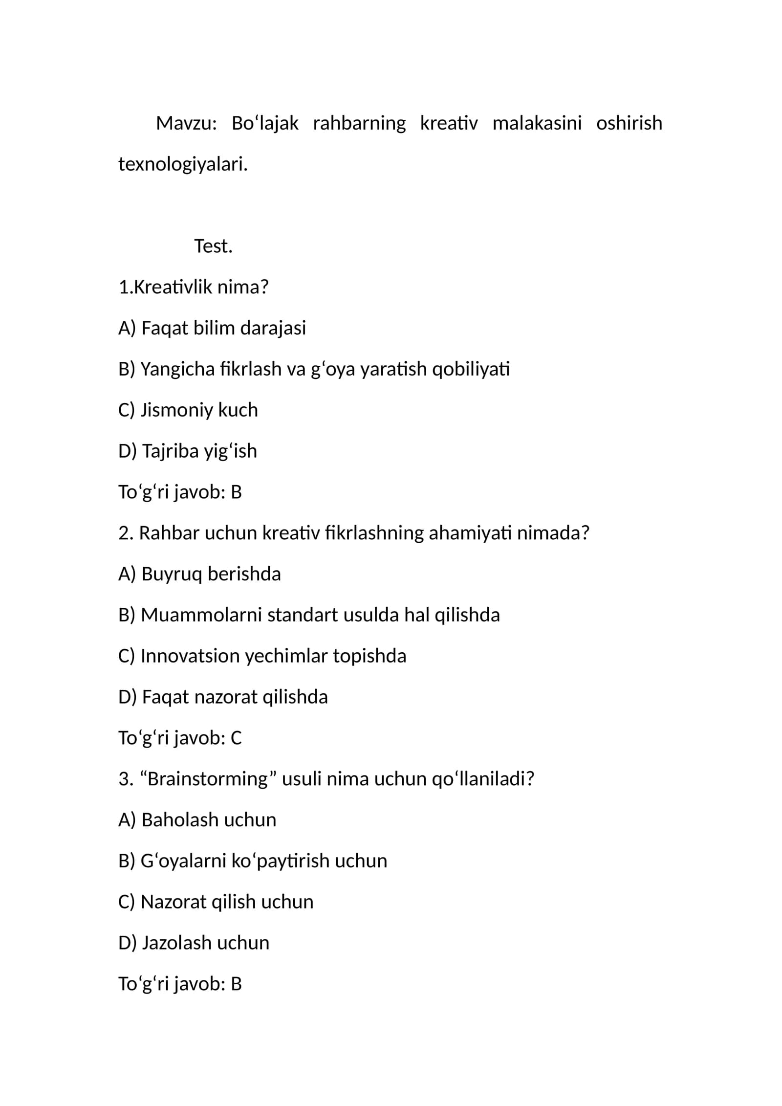 Boʻlajak rahbarning kreativ malakasini oshirish texnologiyalari