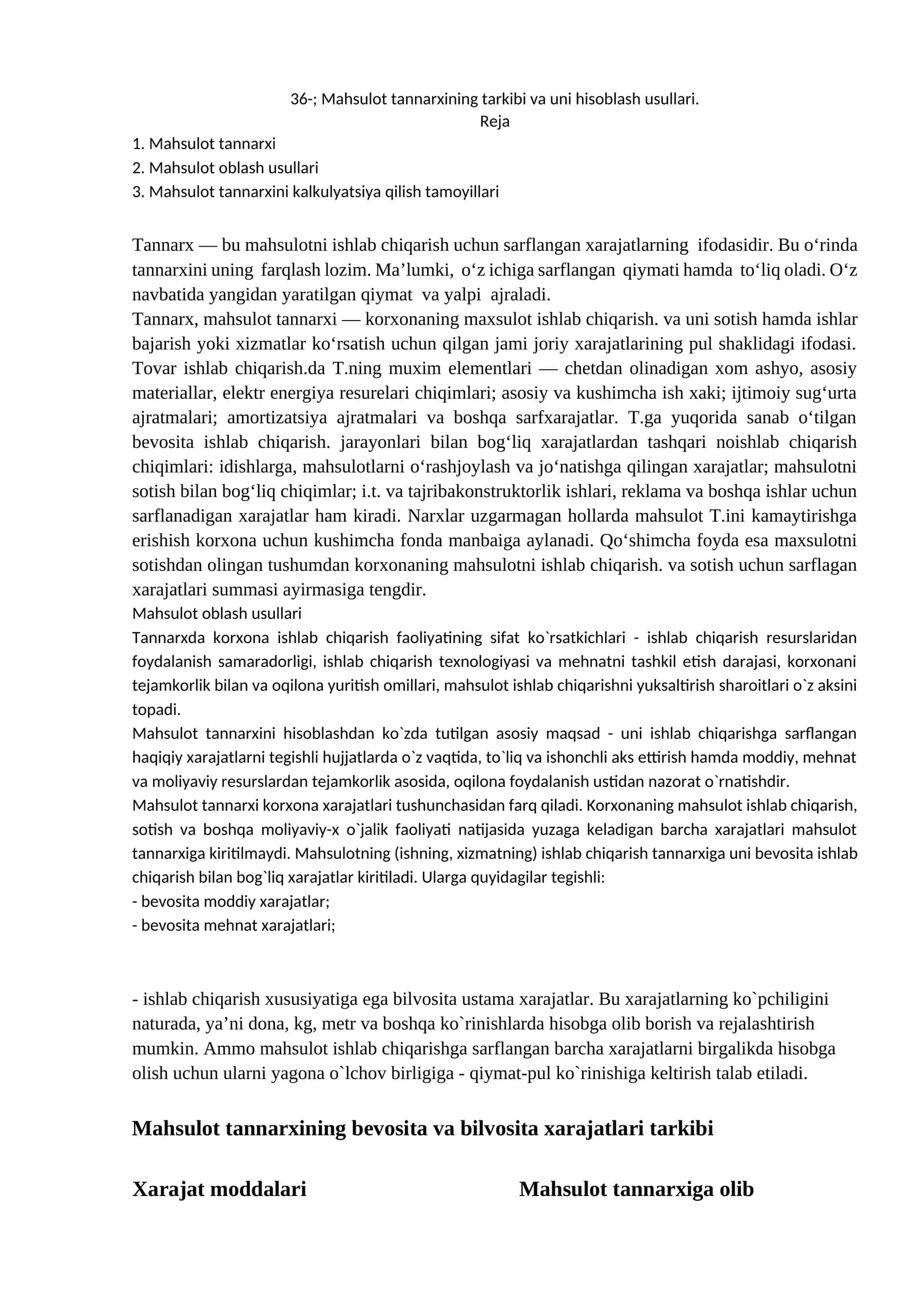 Mahsulot tannarxining tarkibi va uni hisoblash usullari