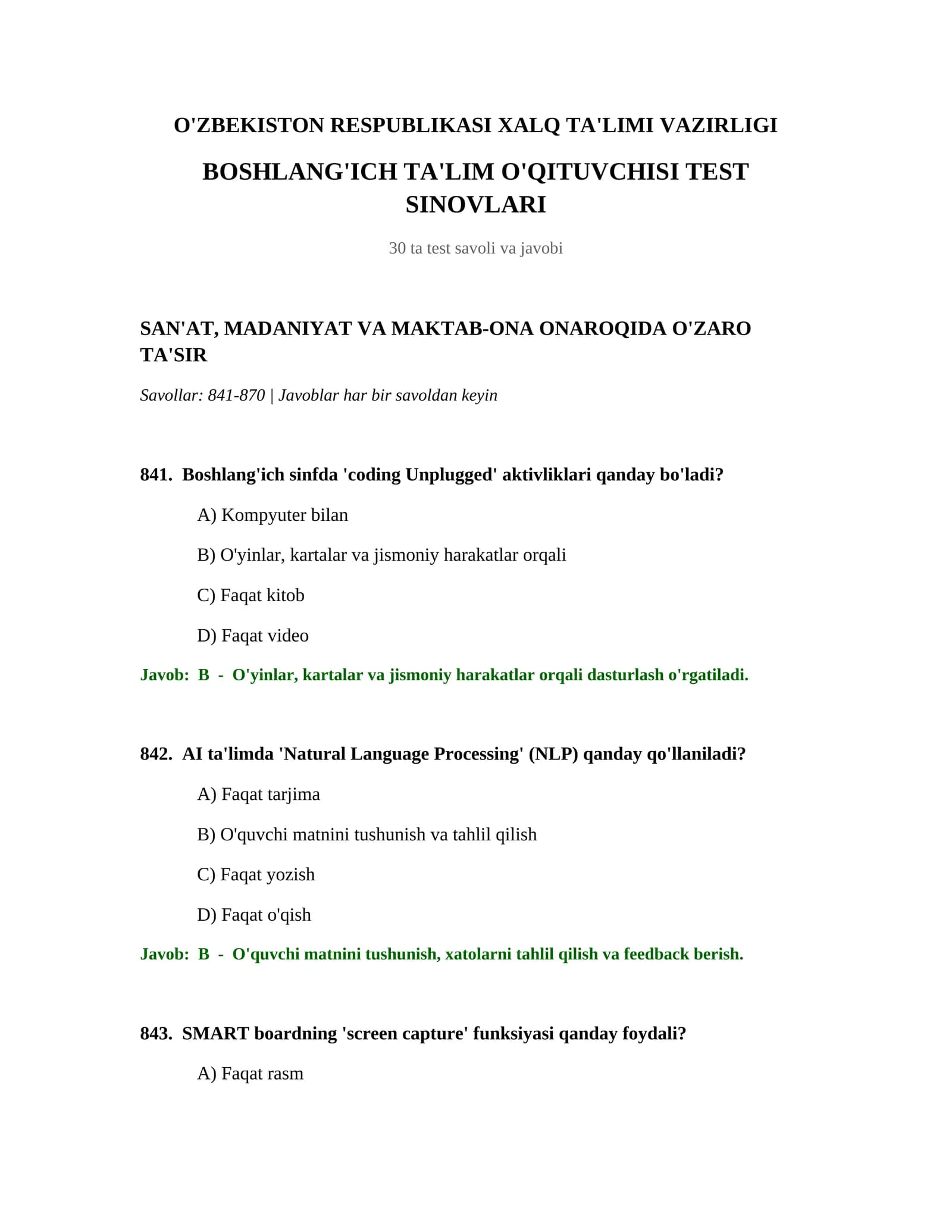 BOSHLANG'ICH TA'LIM O'QITUVCHISI TEST SINOVLARI