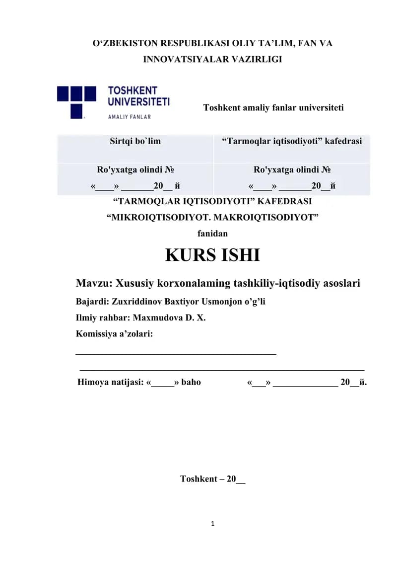 Xususiy korxonalaming tashkiliy-iqtisodiy asoslari