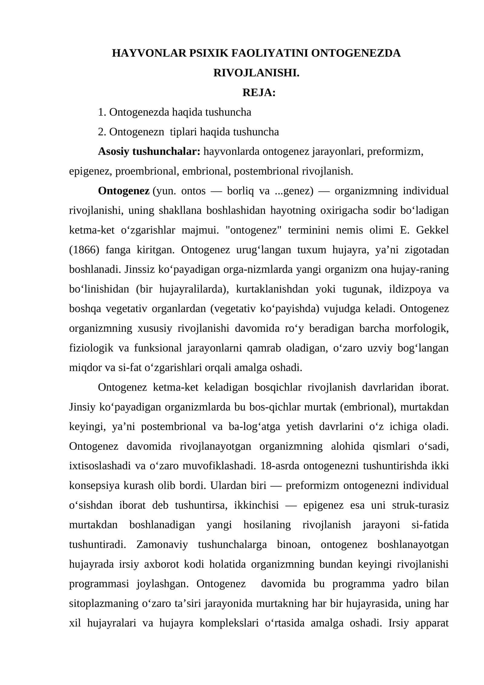 HAYVONLAR PSIXIK FAOLIYATINI ONTOGENEZDA RIVOJLANISHI