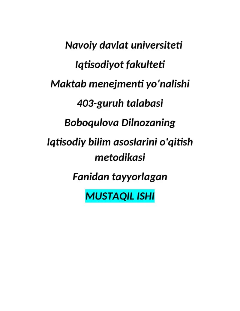 Iqtisodiy bilim asoslarini o'qitish metodikasi