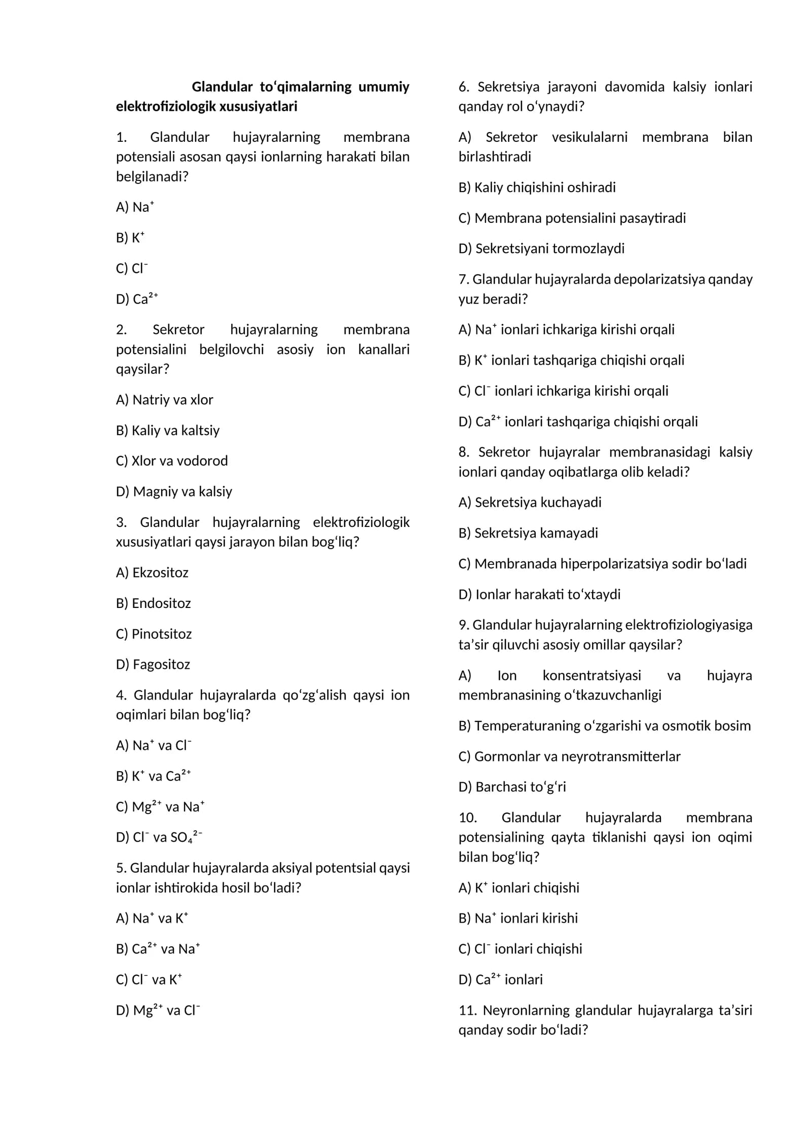 Glandular to‘qimalarning umumiy elektrofiziologik xususiyatlari