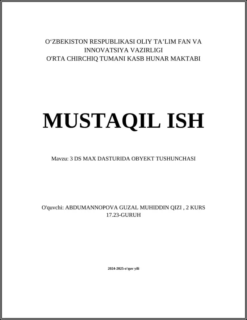 3 DS MAX DASTURIDA OBYEKT TUSHUNCHASI