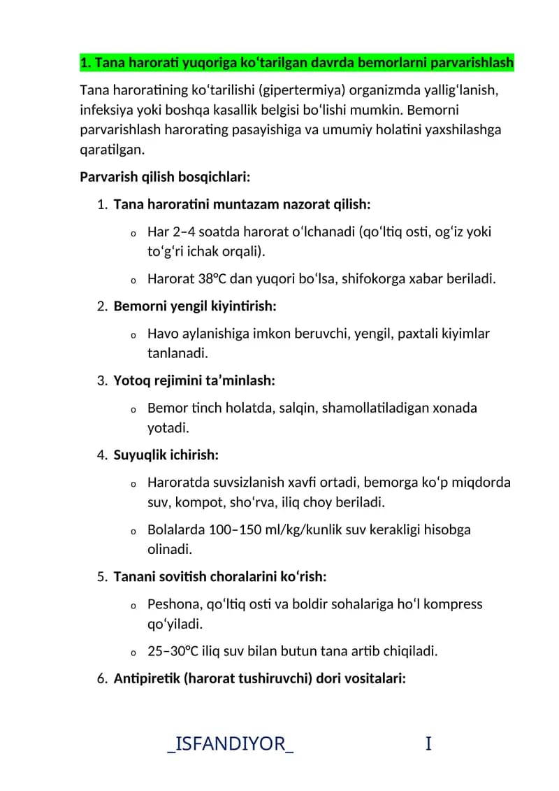 Tana harorati yuqoriga ko‘tarilgan davrda bemorlarni parvarishlash