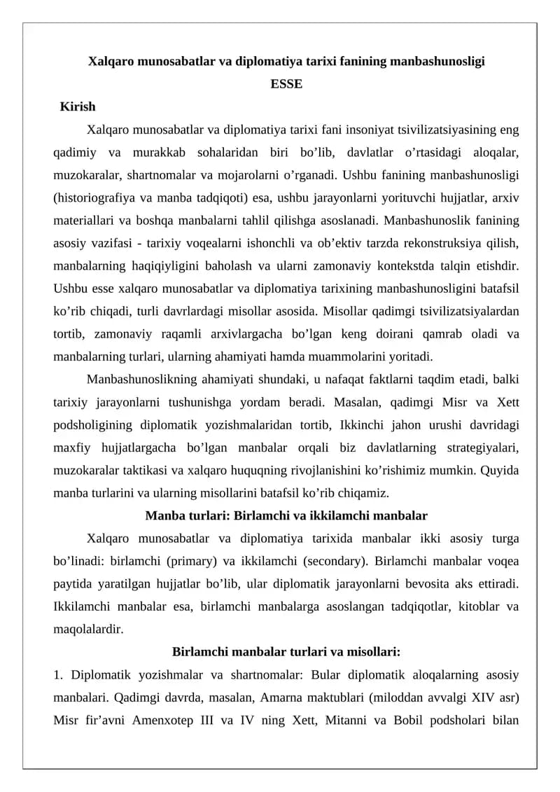 Xalqaro munosabatlar va diplomatiya tarixi fanining manbashunosligi ESSE