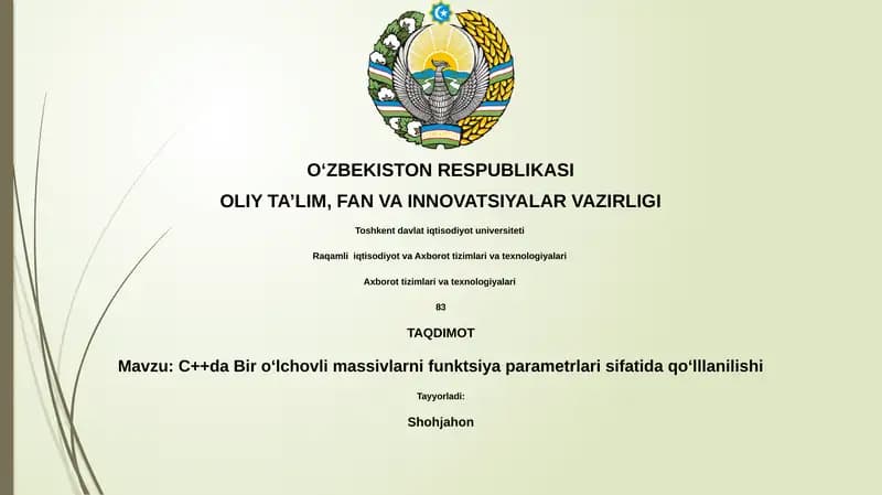 C++da Bir o‘lchovli massivlarni funktsiya parametrlari sifatida qo‘lllanilishi