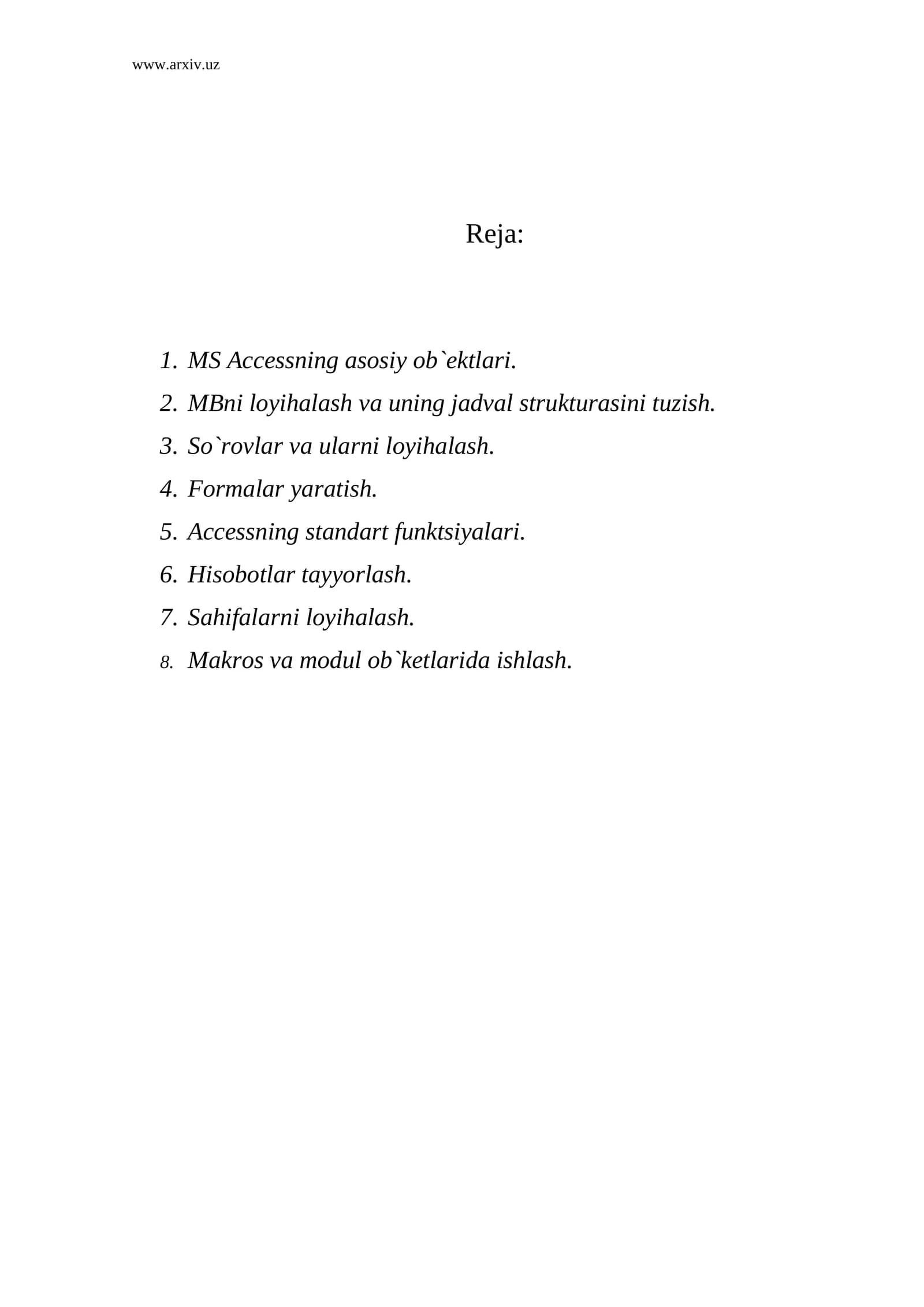 MS Accessning asosiy ob`еktlari