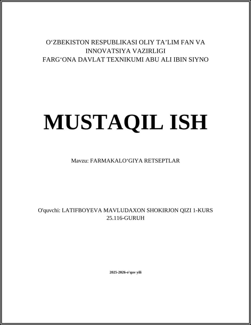 FARMAKALOʻGIYA RETSEPTLAR