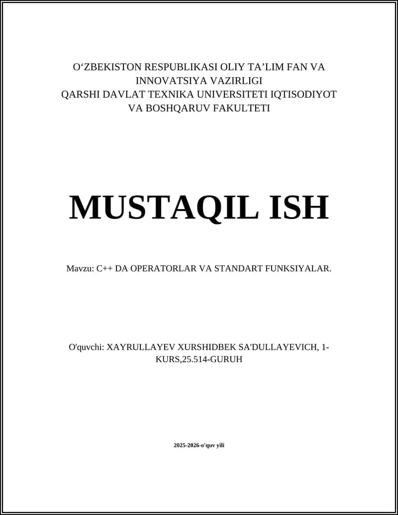 C++ DA OPERATORLAR VA STANDART FUNKSIYALAR