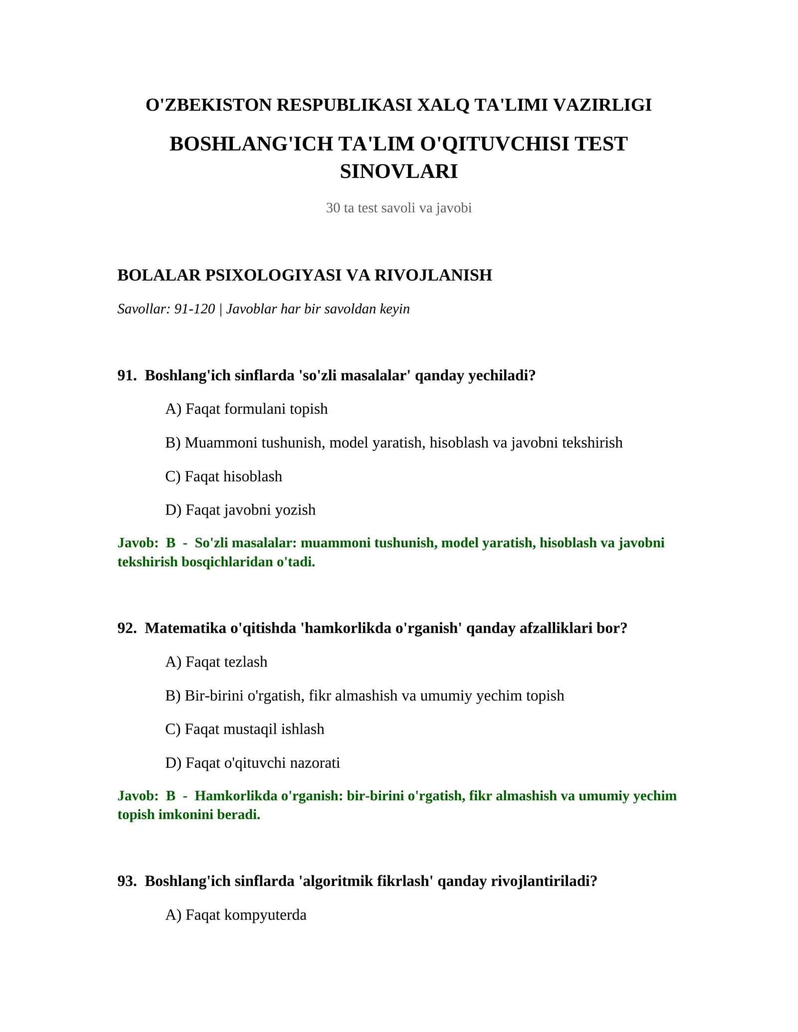 BOSHLANG'ICH TA'LIM O'QITUVCHISI TEST SINOVLARI