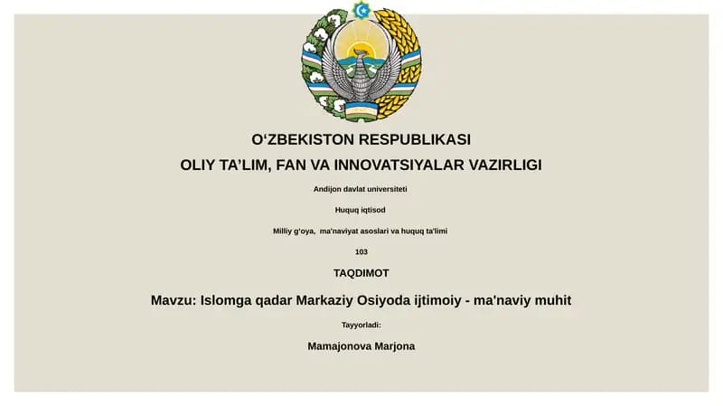 Islomga qadar Markaziy Osiyoda ijtimoiy - ma'naviy muhit