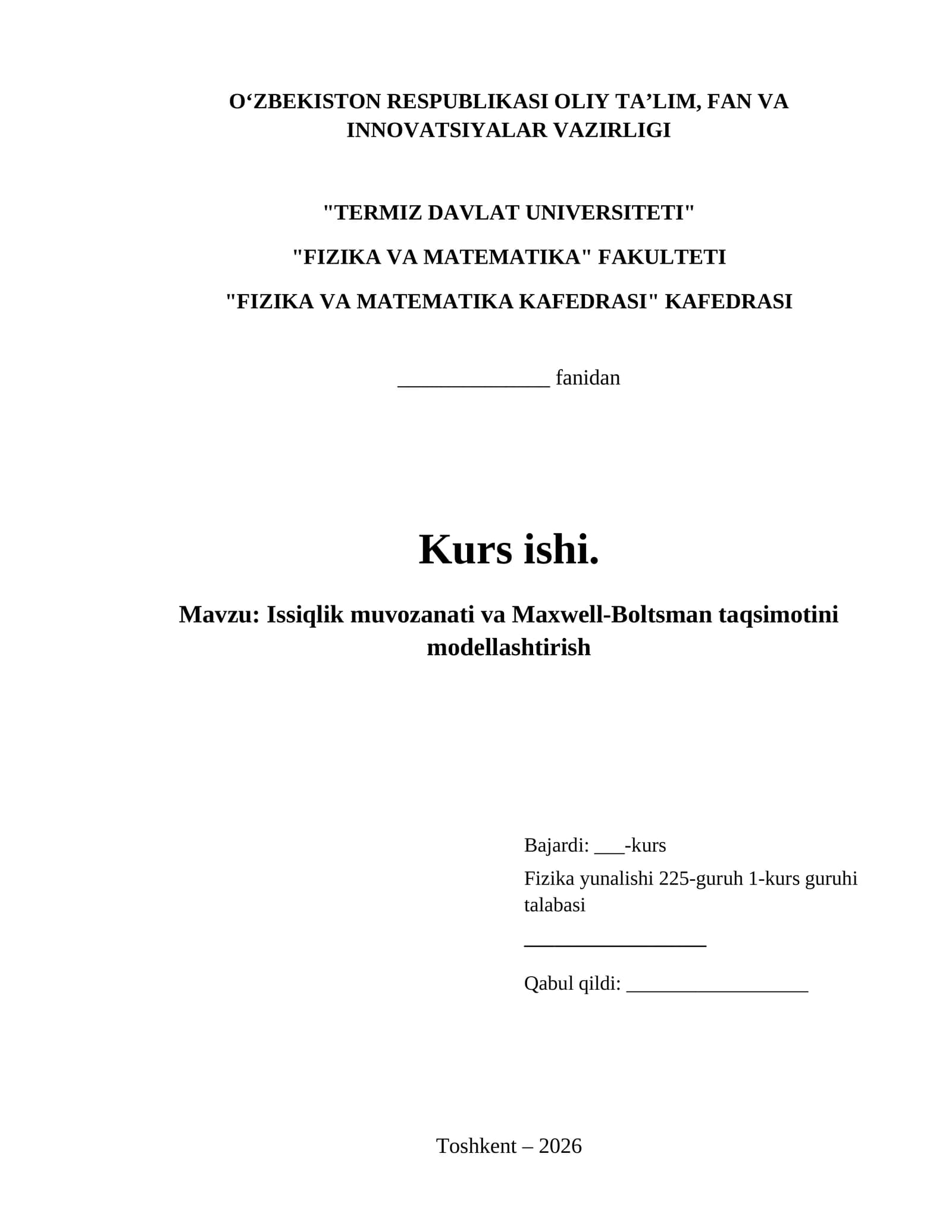 Issiqlik muvozanati va Maxwell-Boltsman taqsimotini modellashtirish