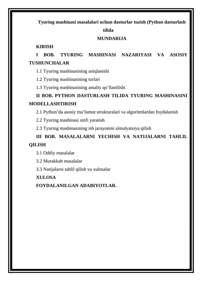 Tyuring mashinasi masalalari uchun dasturlar tuzish