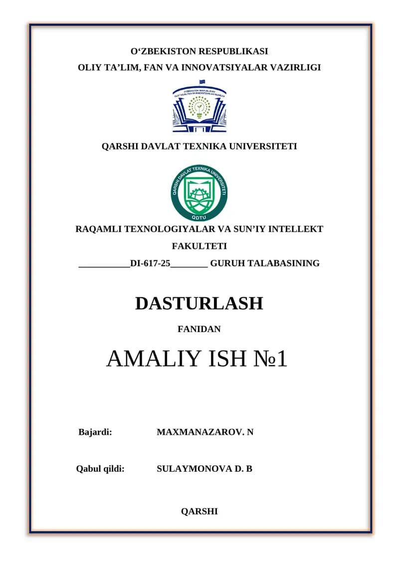 Chiziqli tuzilmali algoritmlarni tavsiflash, C++ tilida dasturlashtirish va kompyuterda hisoblashlar o‘tkazish