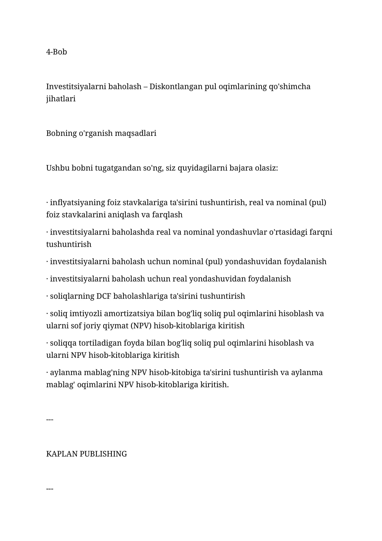 Investitsiyalarni baholash – Diskontlangan pul oqimlarining qo'shimcha jihatlari