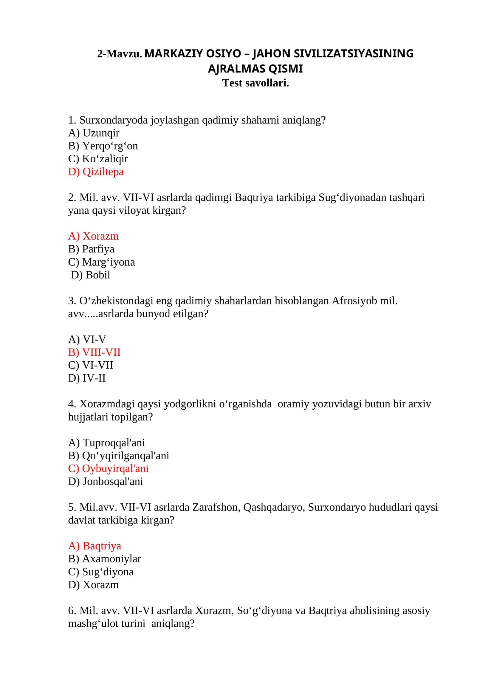 MARKAZIY OSIYO – JAHON SIVILIZATSIYASINING AJRALMAS QISMI