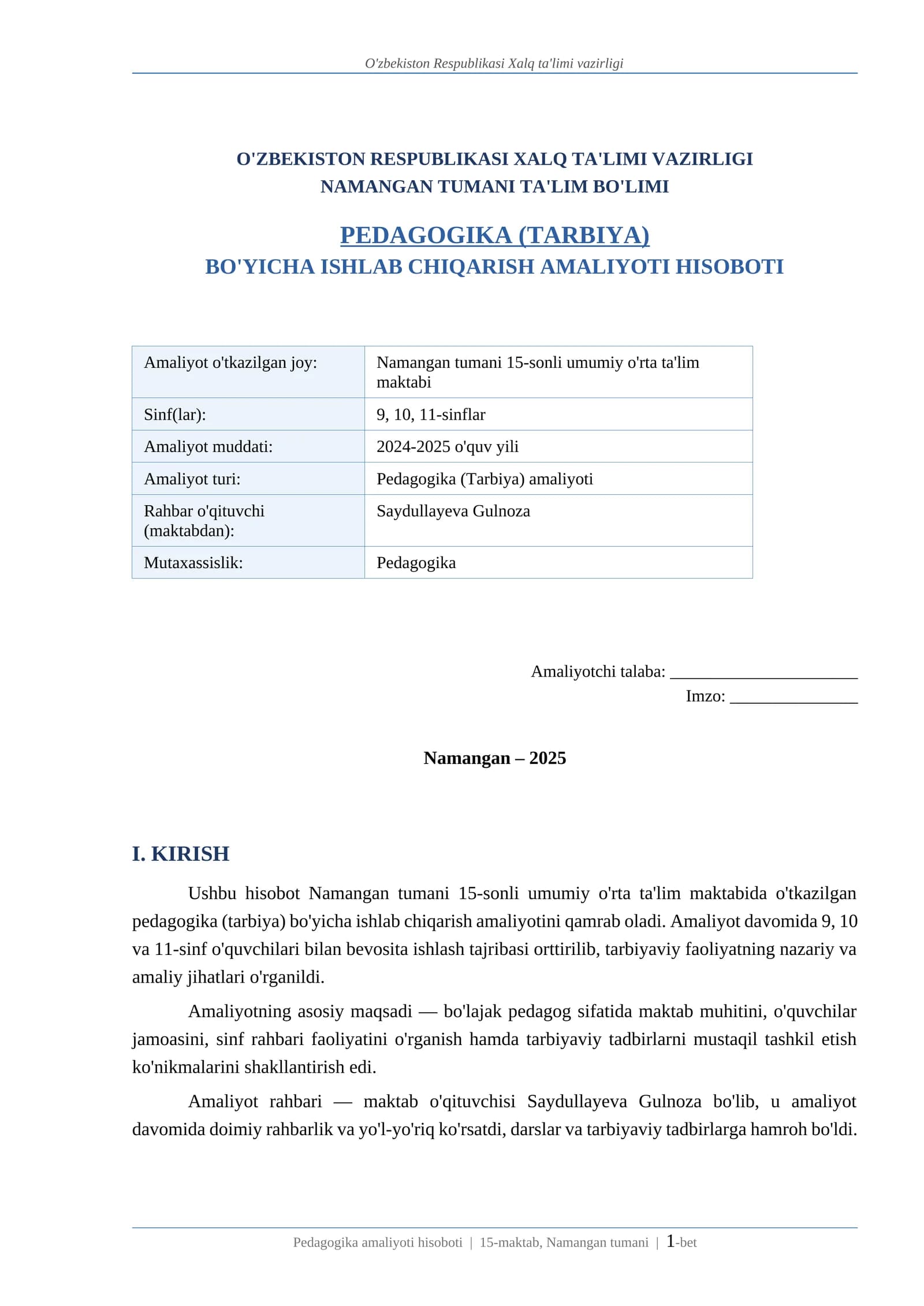 PEDAGOGIKA (TARBIYA) BO'YICHA ISHLAB CHIQARISH AMALIYOTI HISOBOTI