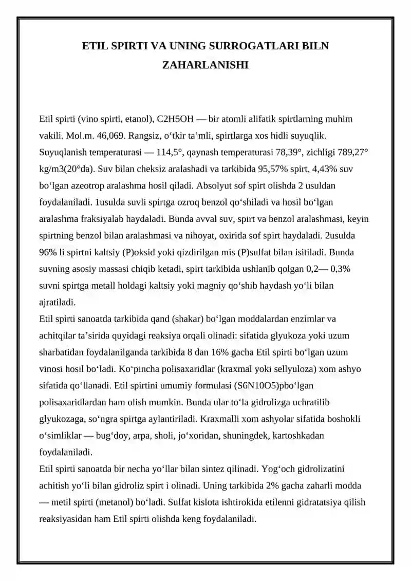Etil spirti va uning surrogatlari biln zaharlanishi