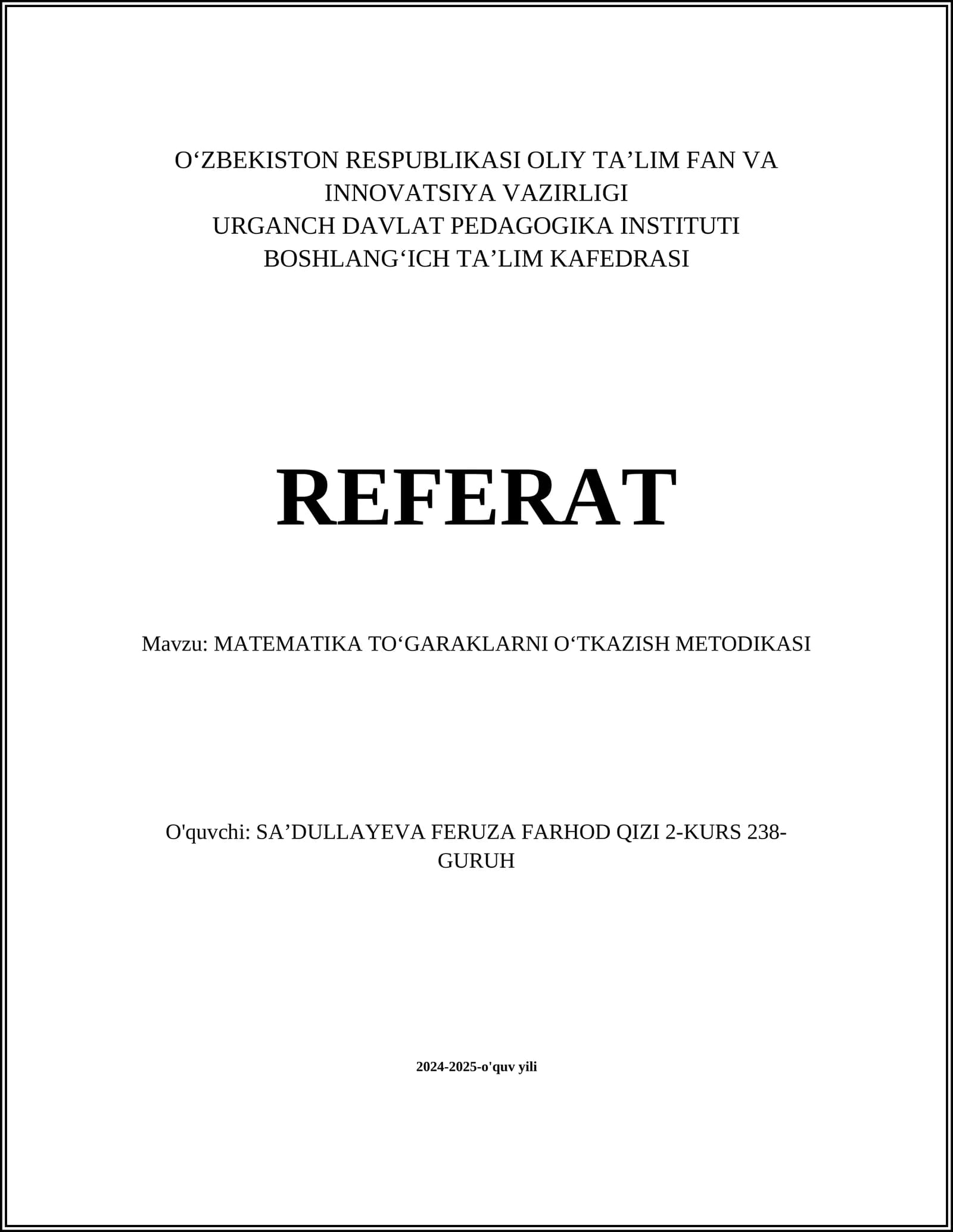 MATEMATIKA TOʻGARAKLARNI OʻTKAZISH METODIKASI