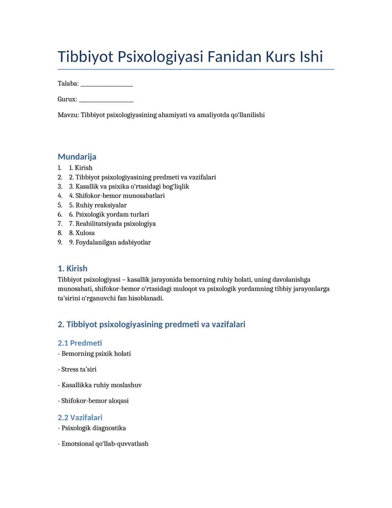 Tibbiyot Psixologiyasi Fanidan Kurs Ishi