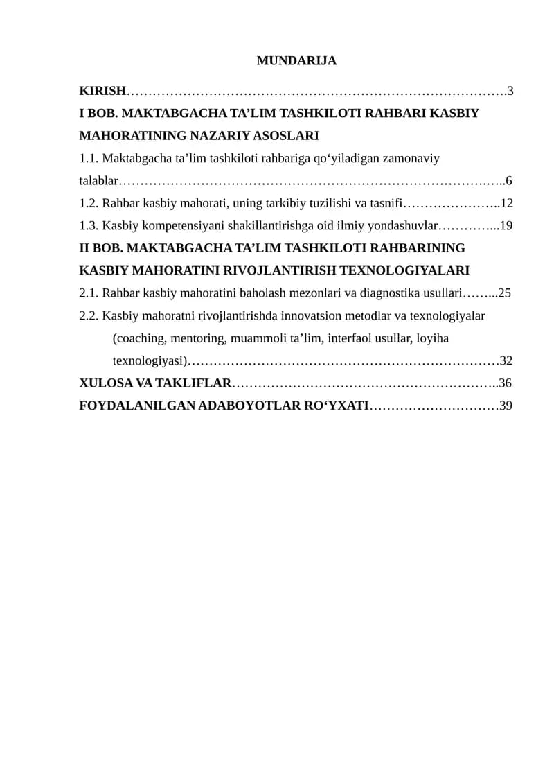 Maktabgacha ta'lim tashkiloti rahbarining kasbiy mahoratini shakllantirish va rivojlantirish