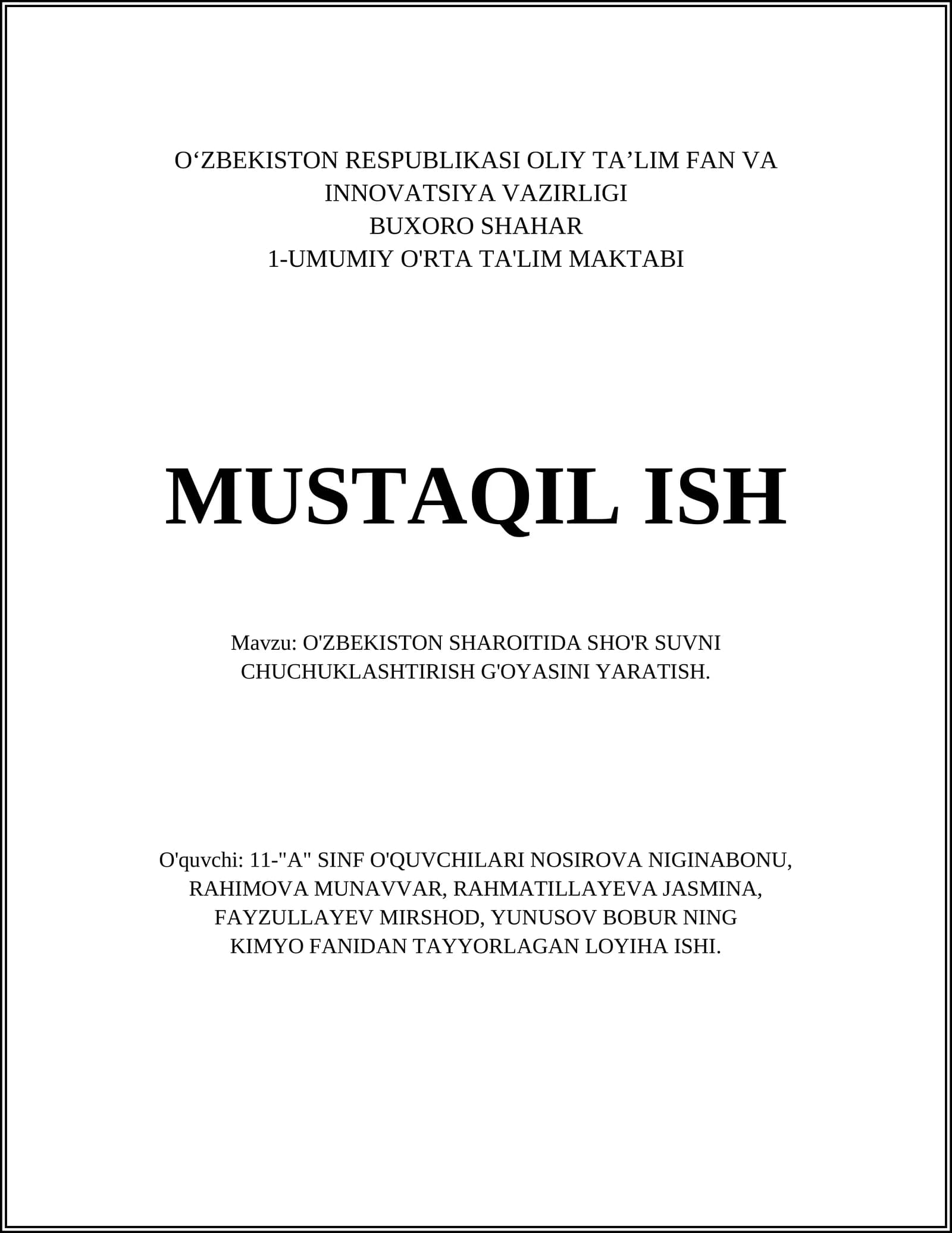 O'ZBEKISTON SHAROITIDA SHO'R SUVNI CHUCHUKLASHTIRISH G'OYASINI YARATISH