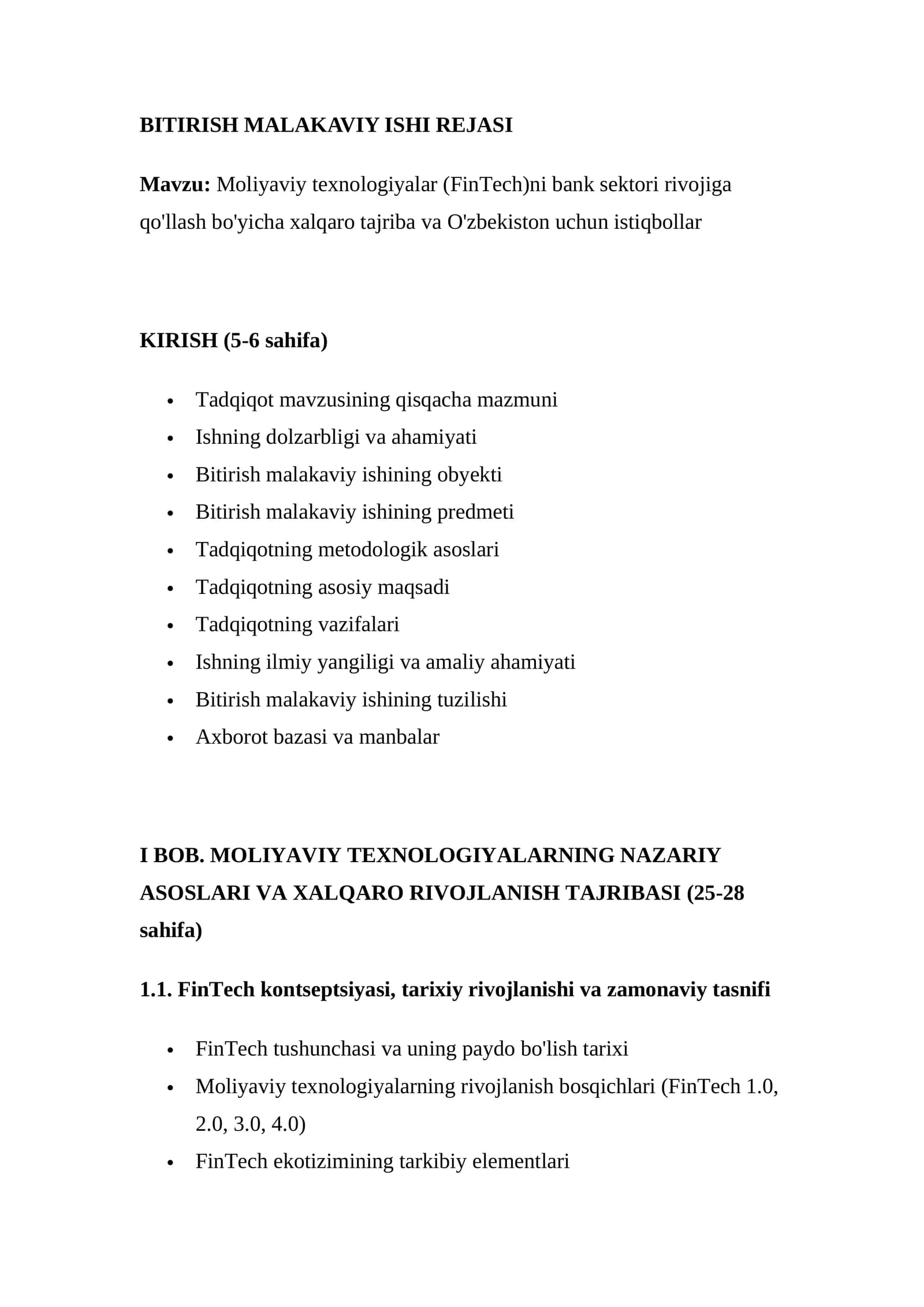 BITIRISH MALAKAVIY ISHI REJASI