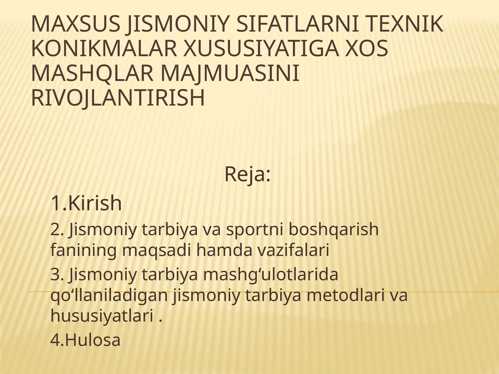 Maxsus jismoniy sifatlarni texnik konikmalar xususiyatiga xos mashqlar majmuasini rivojlantirish