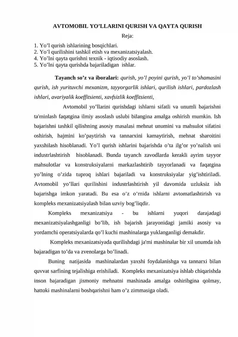 AVTOMOBIL YO’LLARINI QURISH VA QAYTA QURISH