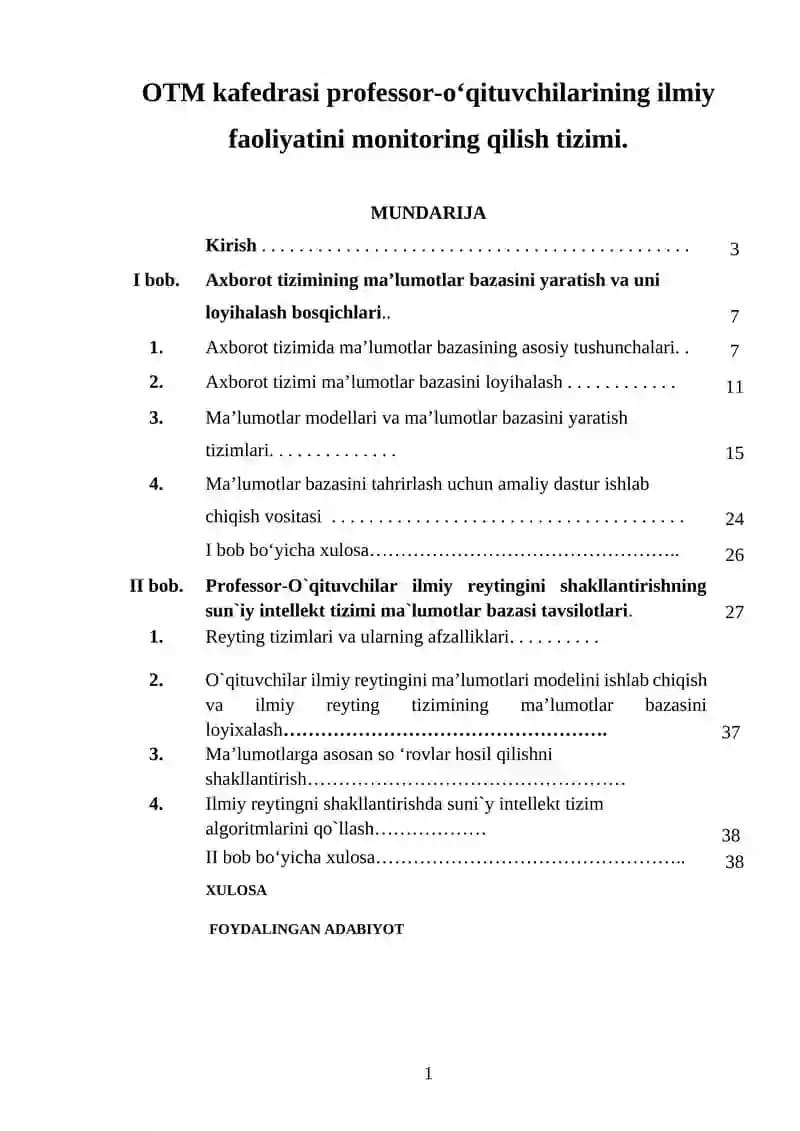 OTM kafedrasi professor-o‘qituvchilarining ilmiy faoliyatini monitoring qilish tizimi