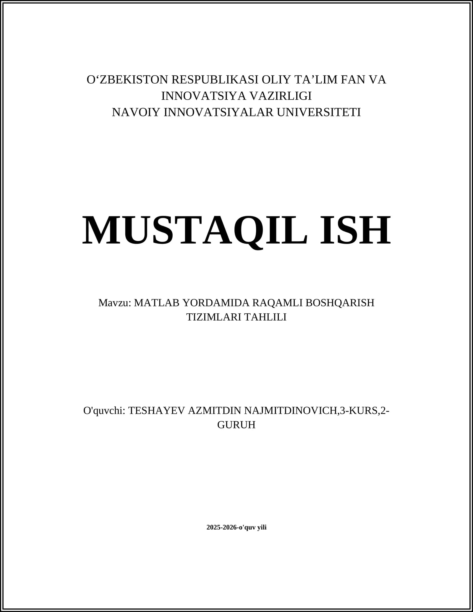 MATLAB YORDAMIDA RAQAMLI BOSHQARISH TIZIMLARI TAHLILI