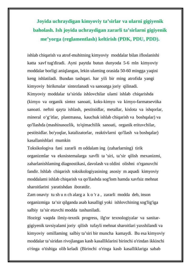 Kimyoviy moddalar va ularning gigiyenik baholash