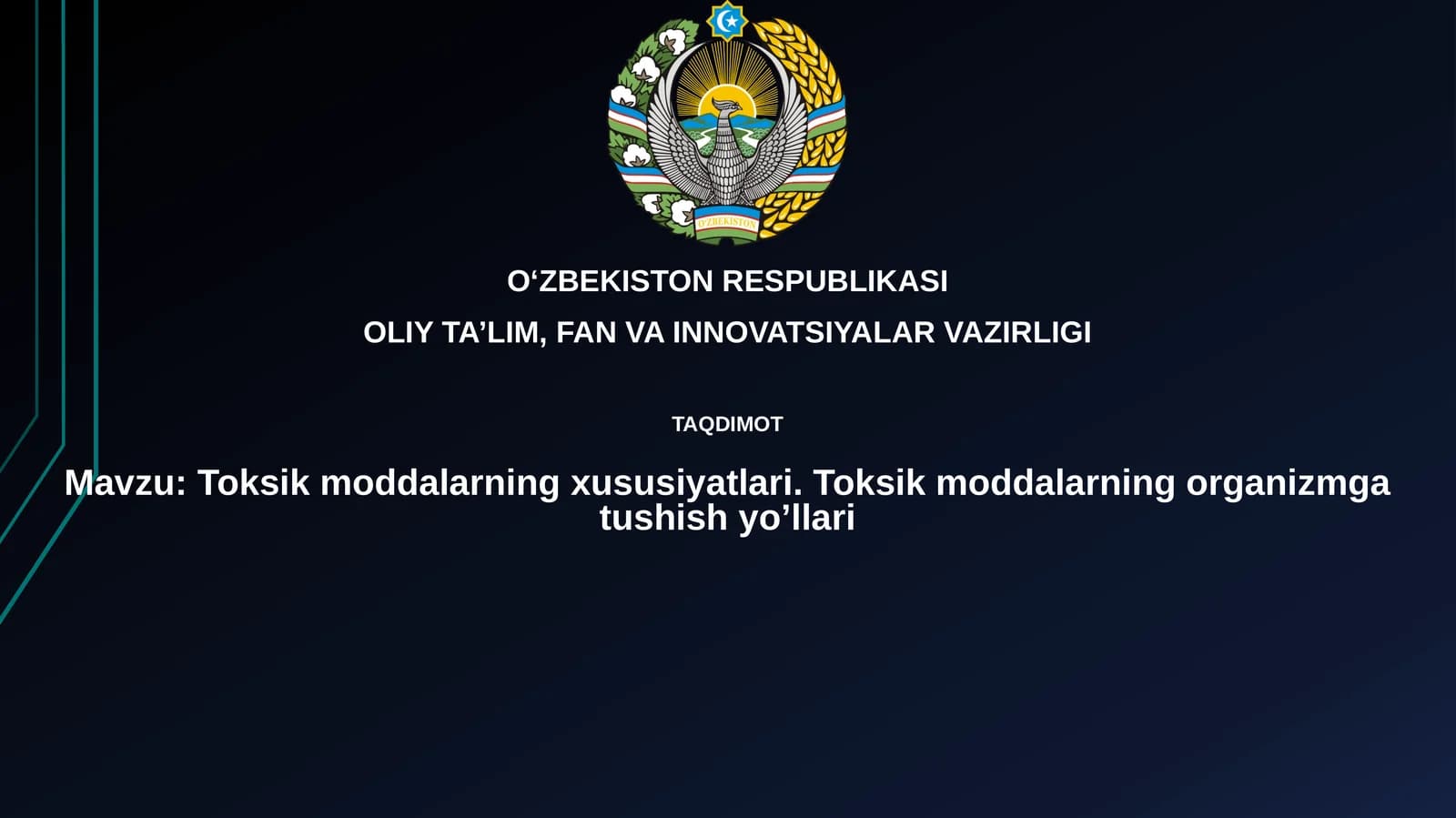 Toksik moddalarning xususiyatlari.Toksik moddalarning organizmgatushishyo’llari