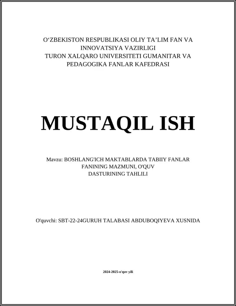 Boshlang'ich maktablarda tabiiy fanlar fani