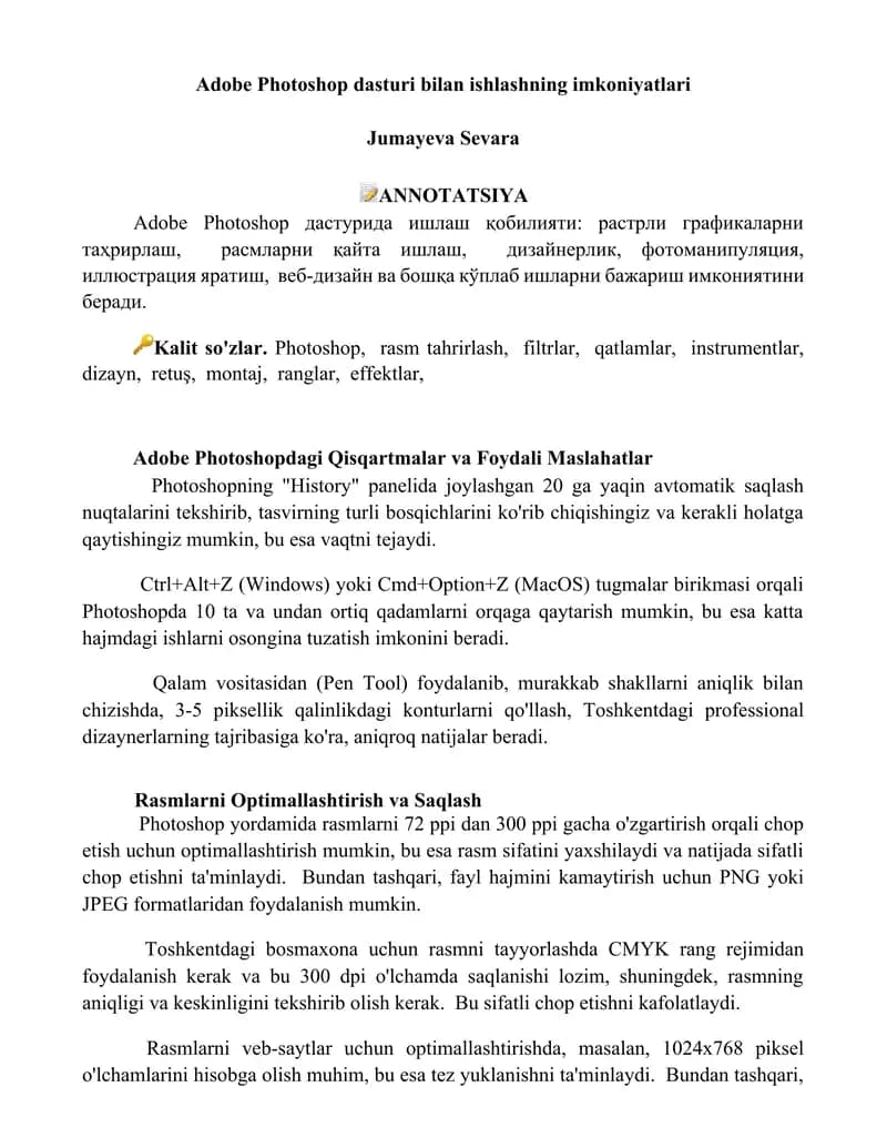 Adobe Photoshop dasturi bilan ishlashning imkoniyatlari