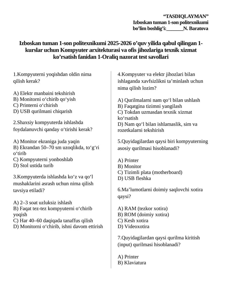 Kompyuter arxitekturasi 1-oraliq nazorat